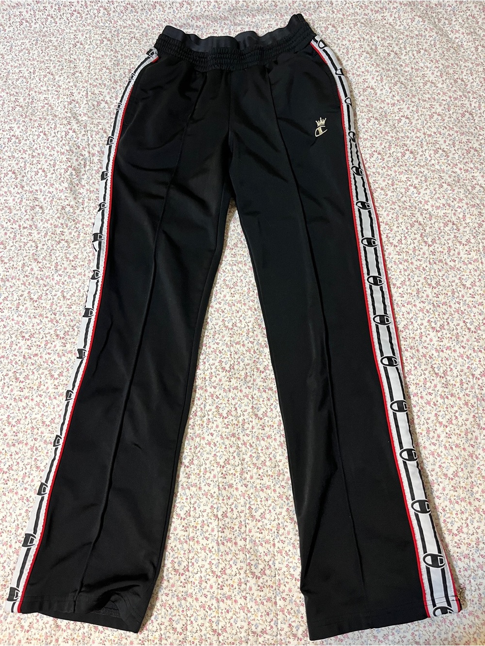 Champion Black Logo Tape Track Pants with Red & White Stripes. XS